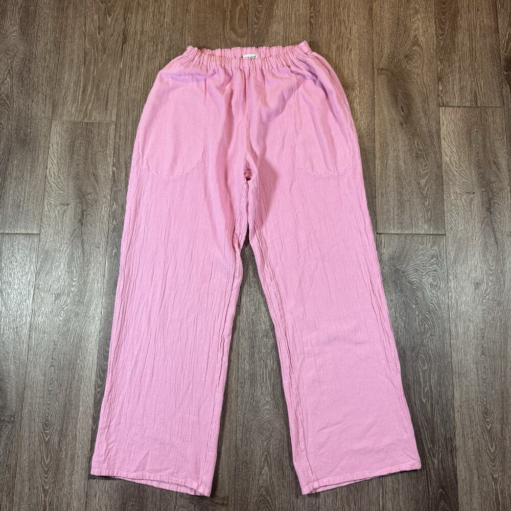 Oh My Gauze Cotton Pants Womens 1 Pink Excellent Elastic Waist Pockets Crinkle
